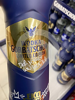 Close up of bottle wodka Gorbatschow blue edition in shelf of german supermarket