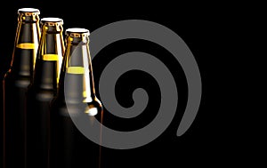Close up bottles of beer on a black background. 3d illustration.