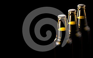 Close up bottles of beer on a black background. 3d illustration.