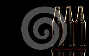 Close up bottles of beer on a black background. 3d illustration.