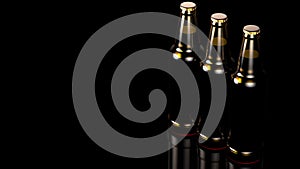 Close up bottles of beer on a black background. 4K video. 3d illustration.