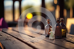 Close-up of bottles on a wooden table outdoors, ai generated