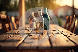 Close-up of bottles on a wooden table outdoors, ai generated