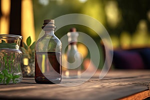 Close-up of bottles on a wooden table outdoors, ai generated