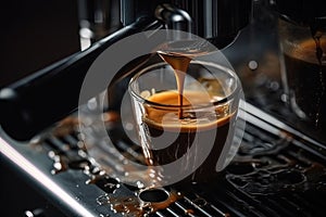 close up from bottom of professional coffee machine preparing fresh espresso coffee illustration generative ai