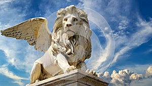 Statue of the Winged Lion of Saint Mark Against a Blue Sky with Clouds - Generative Ai