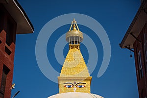 Close up Boudhanath stupa under reconstruction after the earthquake Kathmandu ,Nepal.