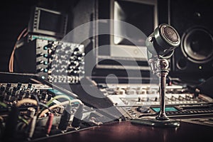 Close-up of boutique recording studio control desk.