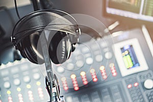 Close-up of boutique recording studio control desk.