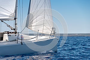 Close-up of a bow of a sporting yacht