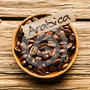 Close up of a bowl of Arabica coffee beans