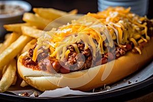 Close-up of a bowl of chili con carne chili dogs with melted cheddar cheese, served with a side of crispy french fries