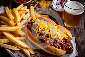 Close-up of a bowl of chili con carne chili dogs with melted cheddar cheese, served with a side of crispy french fries