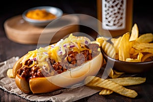 Close-up of a bowl of chili con carne chili dogs with melted cheddar cheese, served with a side of crispy french fries