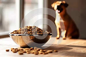 A close up of a bowl with dog food and a silhouette of an hungry dog in background