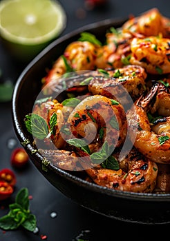 Close up of a bowl filled with delicious grilled shrimp