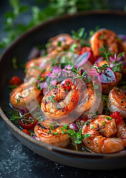 Close up of a bowl filled with delicious grilled shrimp