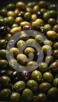 close up of a bowl filled with lots of green and black olives, created by Generative AI