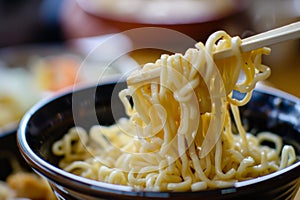 Close Up of Bowl of Noodles With Chopsticks