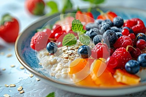 Close-up of bowl with oatmeal porridge and fresh berries and fruits: strawberries, red currant, blueberries, raspberries