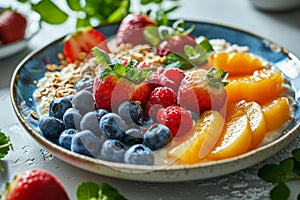 Close-up of bowl with oatmeal porridge and fresh berries and fruits: strawberries, red currant, blueberries, raspberries