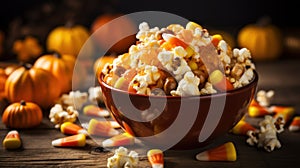 Close-up of a bowl of popcorn with candy corn mixed in