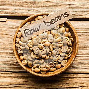 Close up of a bowl of raw coffee beans