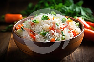 close-up of a bowl of rice and vegetables