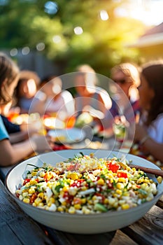 Close up of a bowl of salad on a picnic table with friends in the background