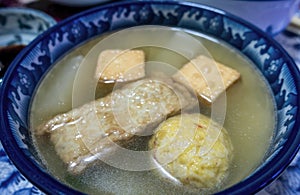 Close-up of a bowl of simple homemade Japanese Oden Soup