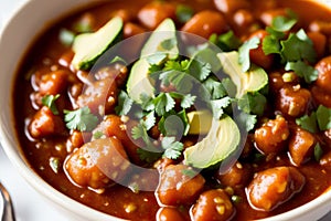 Close-up of a bowl of spicy vegan chili, garnished with fresh cilantro and avocado slices. AI generated.