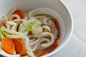 Close up bowl of udon noodle soup