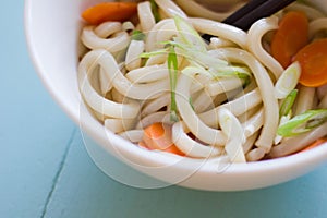 Close up bowl of udon noodle soup