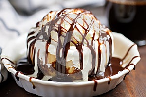 close up of a bowl of vanilla ice cream with chocolate syrup