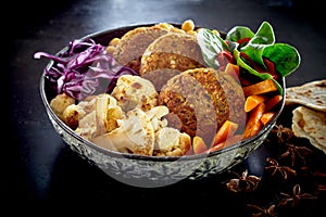 Close-up on bowl of vegetables and cutlets