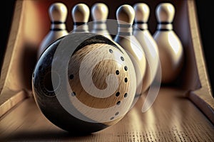 close-up of bowling ball, with the pins in the frame and ready to be knocked down