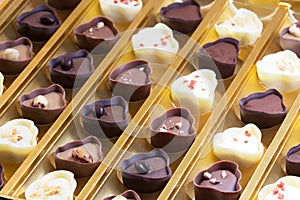 Close up of a box of fancy shaped milk, white and dark chocolate candy