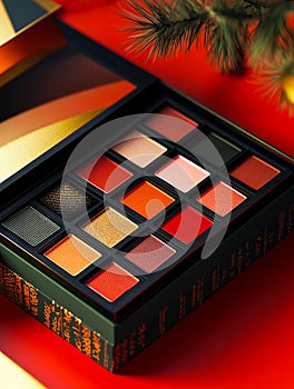 A close up of a box of makeup on a red background