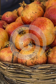Close-up of box with many Italian pomegranates in fair