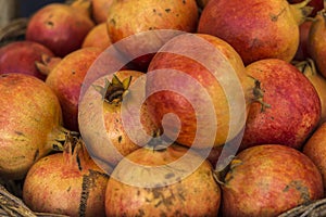 Close-up of box with many Italian pomegranates in fair