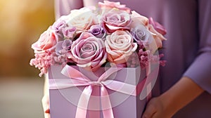 Close up of box with pink and light violet roses in female hands. Happy Mother& x27;s Day or Happy Women& x27;s day