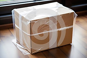 close-up of a box sealed with clear packing tape