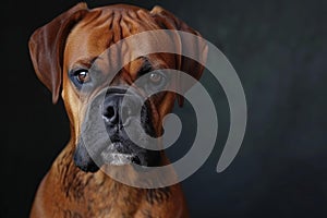 Close-up of a boxer dog with a soulful expression against a dark background