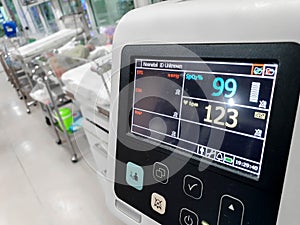 Close up of BP, Vital sign and Heart rate monitor in hospital