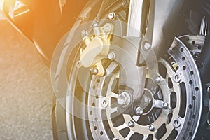 Close up of braking mechanism on motorcycle