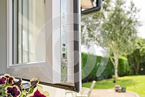 Close-up of a brand new installed double glazed window showing the multiple security locks.