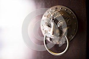 Close up of brass bronze chinese traditional door knocker with lion head