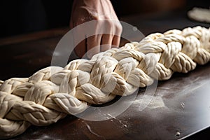 close-up of bread dough being shaped and scored into a braid