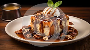 Close up of Bread Pudding with Raisins and Pecans on a Plate. Commercial Kitchen Backdrop