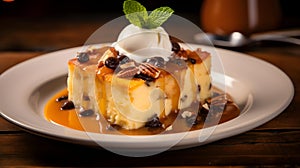 Close up of Bread Pudding with Raisins and Pecans on a Plate. Commercial Kitchen Backdrop